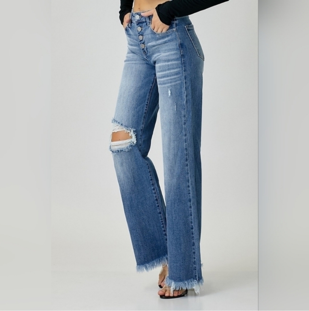 Risen Distressed High-rise Butterfly Flare/Wide Leg Jeans - Picture 3 of 3